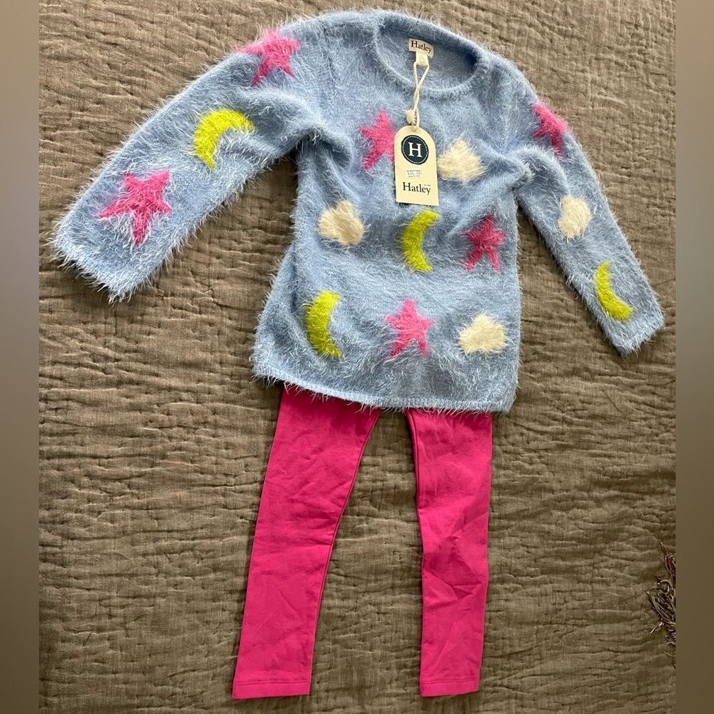 NWT Hatley Celestial Sky Fuzzy Sweater Pink Pants Set Size 5 Stars Moons Clouds